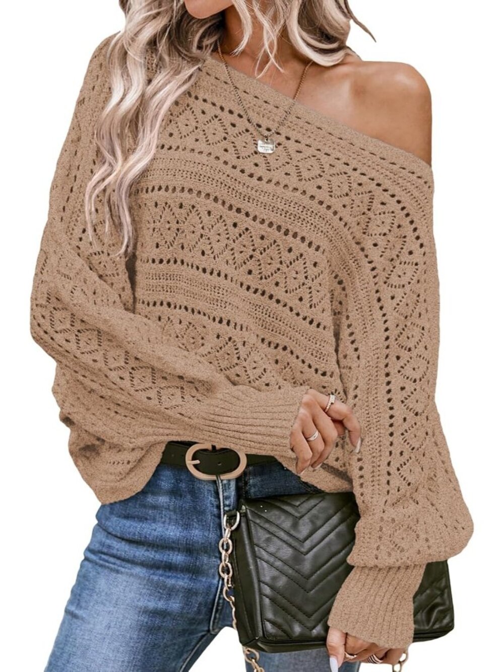 Women's Khaki Crochet Boat Neck Long Batwing Sleeve Loose Fashion Sweaters Top
